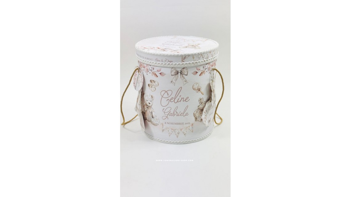 Trusou botez Nude Teddy Bear Toile de Jouy bej crem cu accente light pink și pattern floral vintage 5